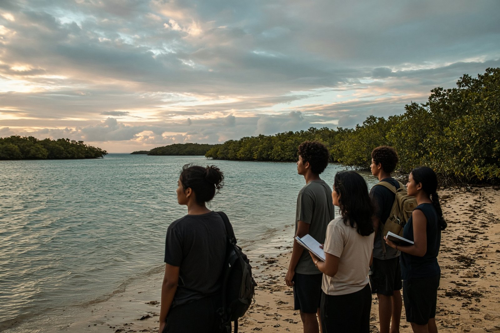 Young people stand on a sandy Pacific shoreline at late afternoon, looking toward mangroves and low clouds. Some hold notebooks.