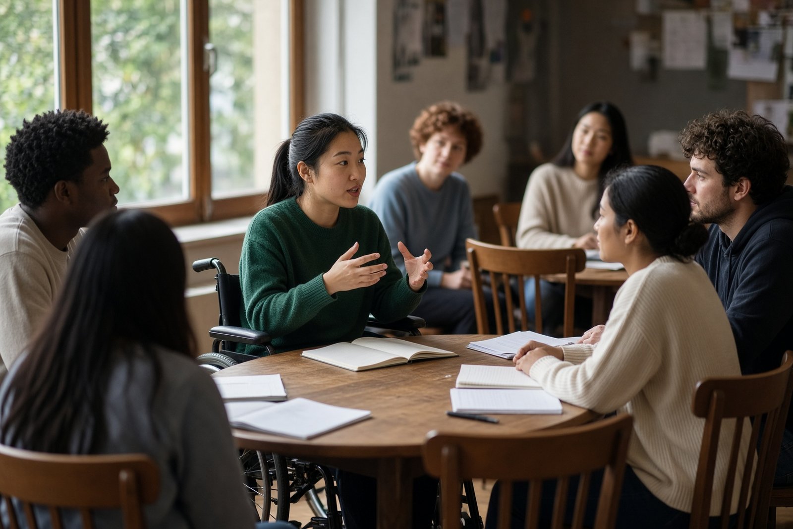 A young woman using a wheelchair speaks at a round table while other young people listen, notebooks open, in a bright meeting room.